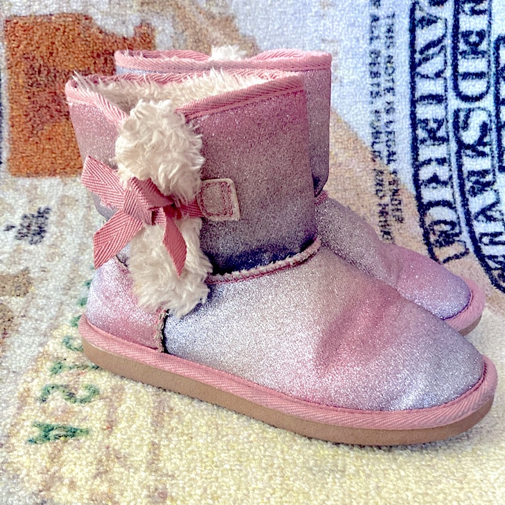 Pink and Silver Sparkly Ankle Boots with Bow
